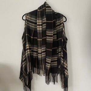 Plaid Fringe Wrap Scarf Vest Shall- Black, Cream, Gray, Brown